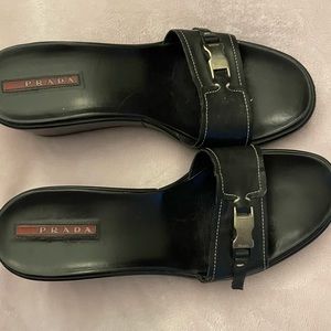 PRADA SPORT Black Leather Wedge Platform Sandals Size 38 1/2